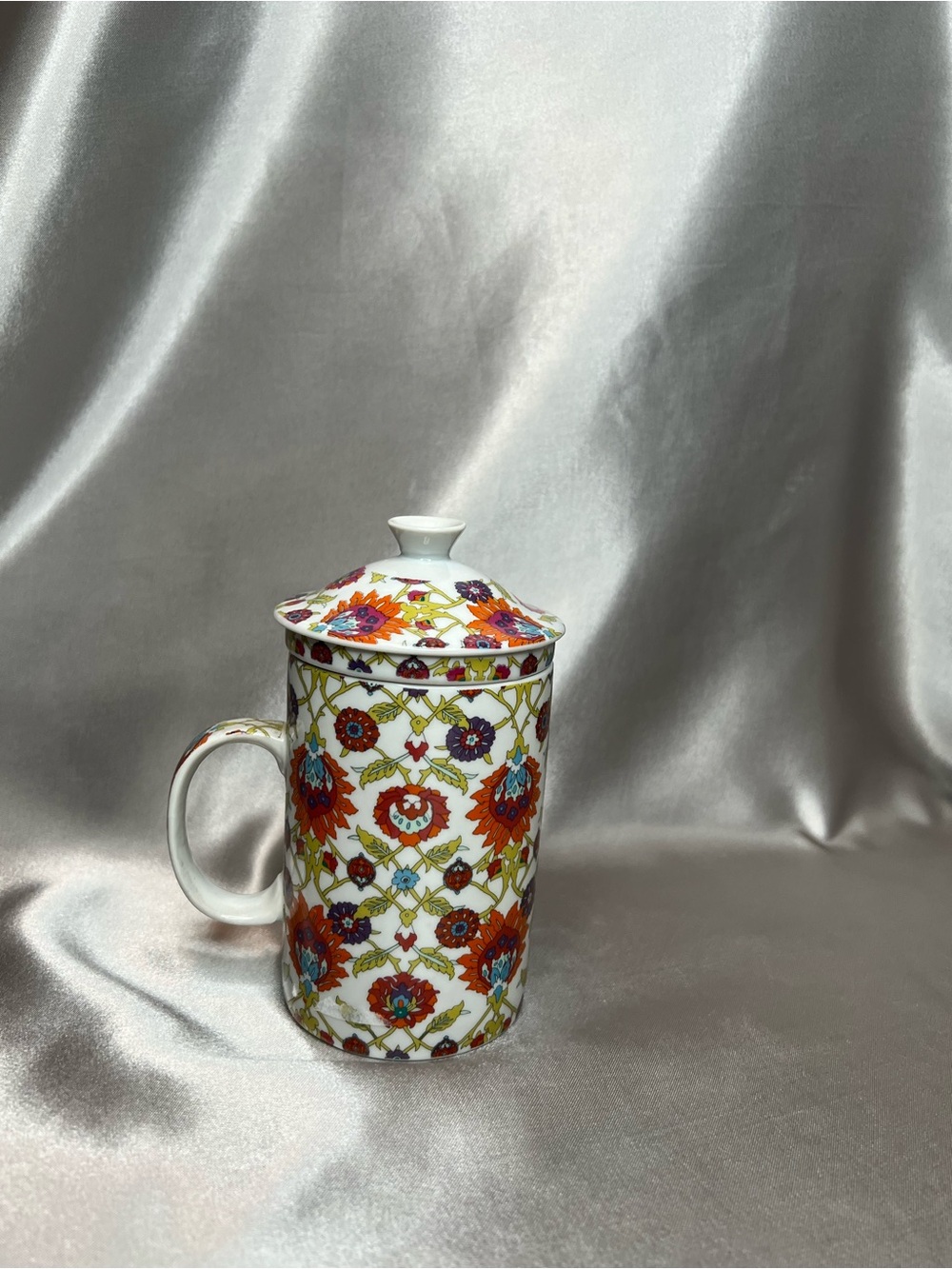 World Market 3-Piece Floral Ceramic Tea Infuser Mug with Lid